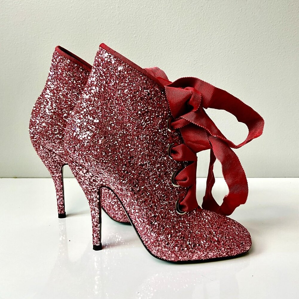 Ermanno Scervino Pink Glitter Lace-Up Ankle Boots EU 38 Italy